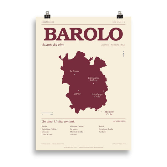 Poster della mappa del Barolo DOCG in bordeaux e crema con tipografia italiana e nomi dei paesi, 50 × 70 cm