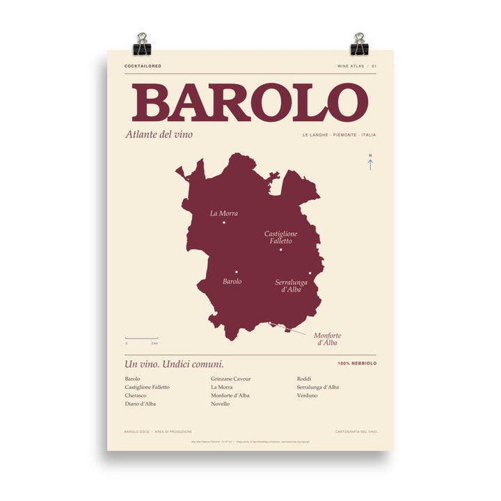 Barolo-DOCG-Weinkarten-Poster in Bordeauxrot und Creme mit italienischer Typografie und Ortsnamen, 50 × 70 cm