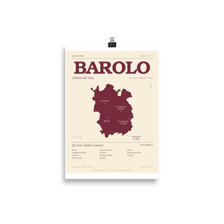 Barolo-DOCG-Weinkarten-Poster in Bordeauxrot und Creme mit italienischer Typografie und Ortsnamen, 21 × 30 cm