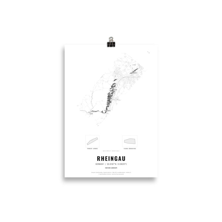 Black-and-white map poster of the Rheingau wine region in Germany, 21 × 30 cm – Cocktailored