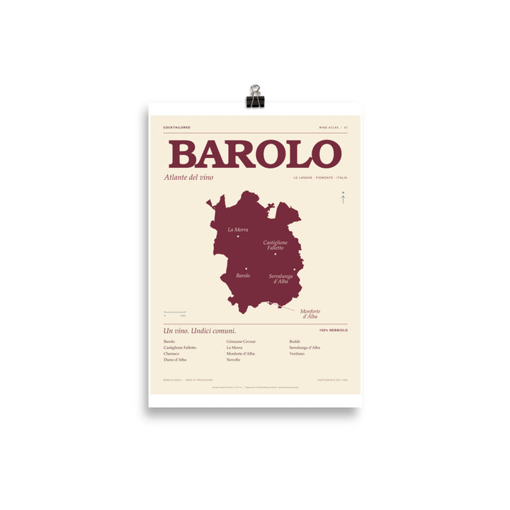 Barolo DOCG wine map poster in burgundy and cream with Italian lettering and village names, 21 × 30 cm