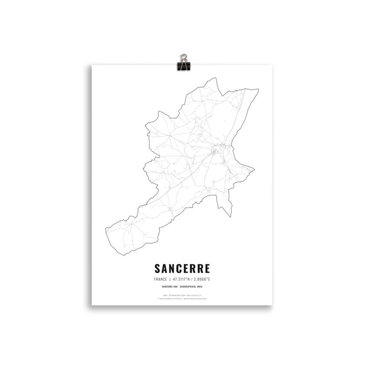 Black-and-white map poster of the Sancerre wine region in France, 30 × 40 cm – Cocktailored