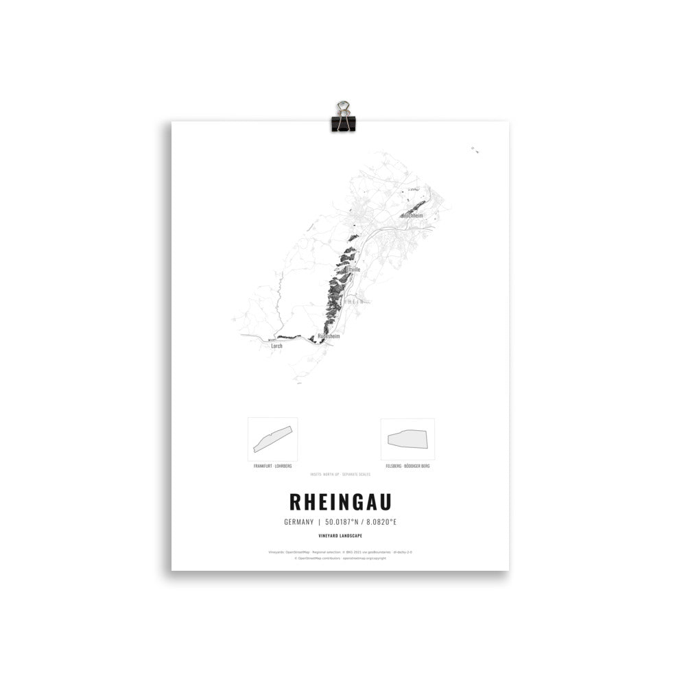 Black-and-white map poster of the Rheingau wine region in Germany, 30 × 40 cm – Cocktailored