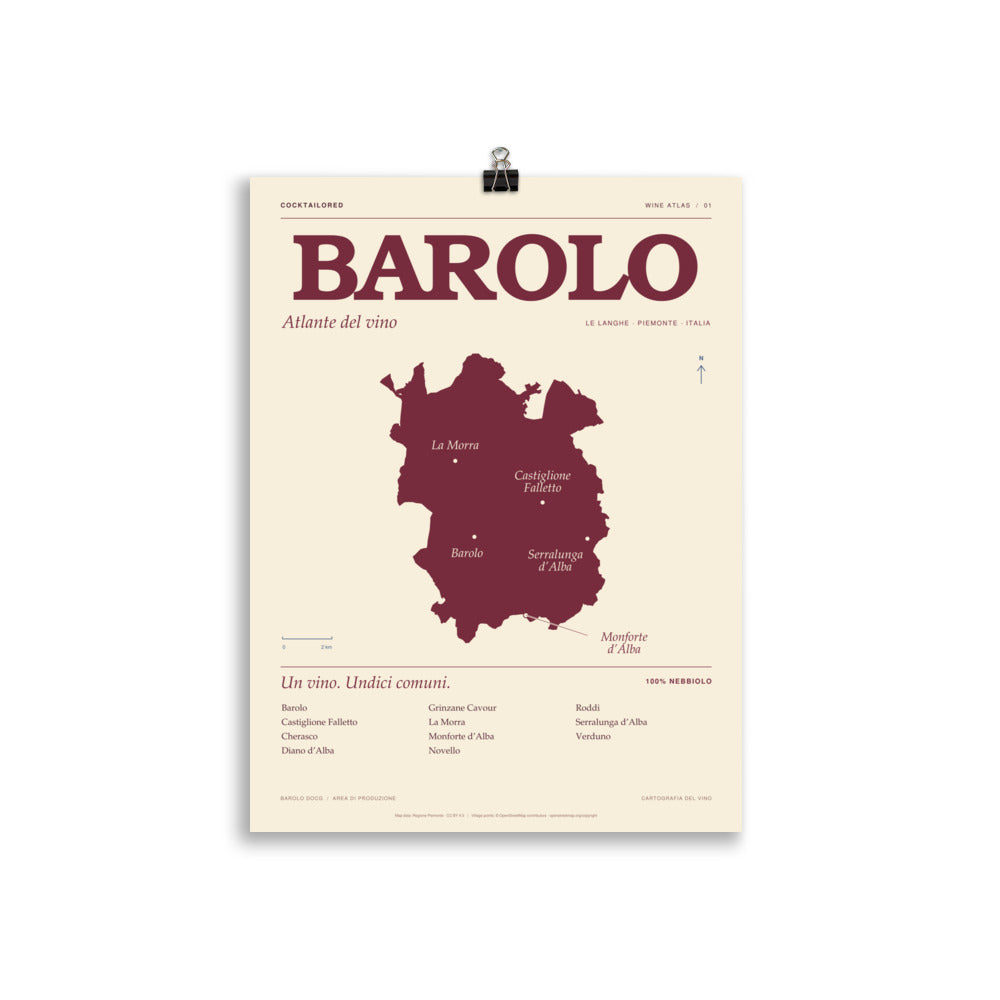Barolo DOCG wine map poster in burgundy and cream with Italian lettering and village names, 30 × 40 cm